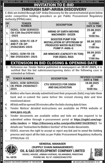 Oil & Gas Development Company Limited Islamabad Tender Notice